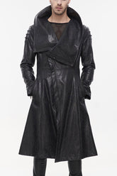 Manteau long pour homme noir et gris punk avec un grand col exagéré, décoration en corde épaisse, élégant et mince